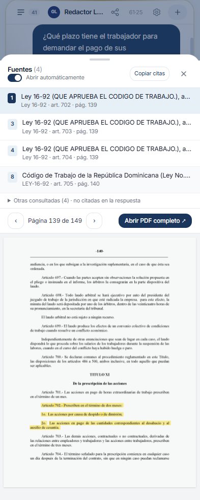 Vista en celular del panel de fuentes con cuatro artículos del Código de Trabajo, el botón Copiar citas y el PDF con el artículo resaltado